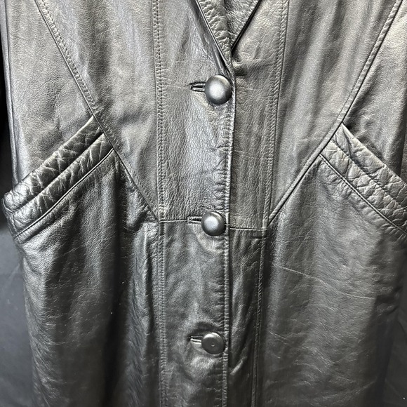 Vintage Donna Pelle‎ Leather Coat Womens Medium Black Long Trench Overcoat 90s - Picture 3 of 12